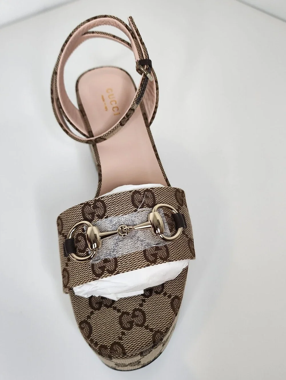 Gucci Lady Horsebit Tan Monogram Platform Wedges Sandals Size 36